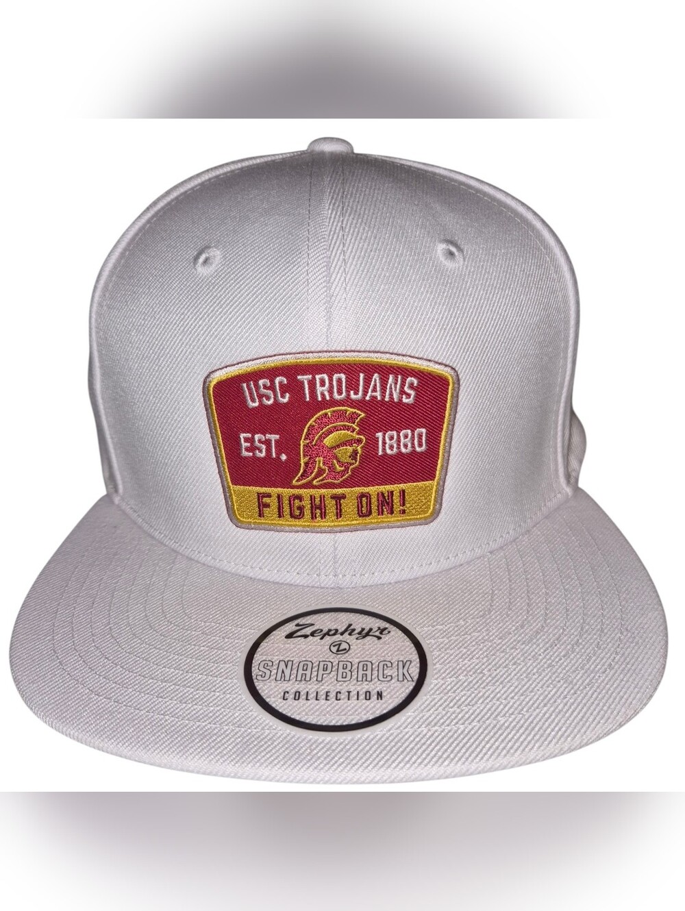 Zephyr White Snapback with Red & Gold USC Patch